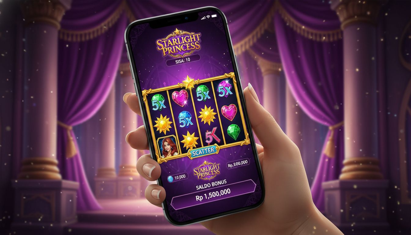 Seorang pemain Indonesia melihat kode promo, free spins, dan bonus di layar kasino Starlight Princess